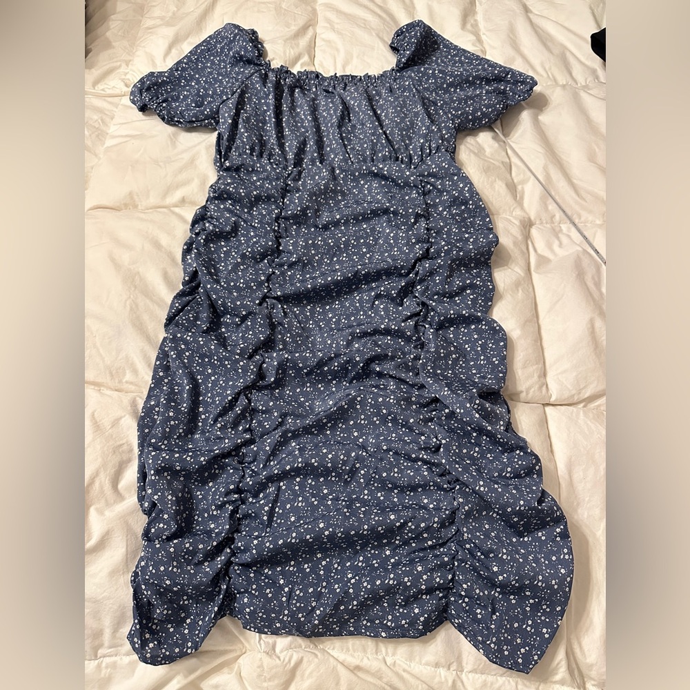 Sunday Up Blue Floral Ruched Puff Sleeve Women's Dress - NWOT - Size L - Picture 5 of 12